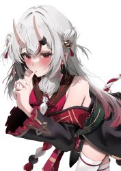 Rule 34 | 1girl, absurdres, bell, blush, double bun, finger to mouth, gradient hair, grey hair, hair bell, hair bun, hair ornament, hair over shoulder, highres, hololive, horns, japanese clothes, kaede nekoshima, kimono, looking at viewer, low twintails, multicolored hair, nakiri ayame, nakiri ayame (1st costume), oni, red eyes, red hair, red kimono, skin-covered horns, sleeveless, sleeveless kimono, solo, streaked hair, thighhighs, twintails, virtual youtuber, white background, white thighhighs