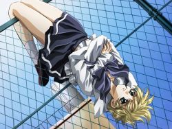 Rule 34 | 1girl, against fence, androgynous, blonde hair, bow, bowtie, carnelian, chain-link fence, crossed arms, day, dutch angle, expressionless, fence, floating hair, frown, game cg, green eyes, hanging, ladder, legs, loafers, ono ikumi, outdoors, pleated skirt, railing, re leaf, rooftop, school uniform, serafuku, shirt, shoes, short hair, skirt, sky, socks, solo, upside-down