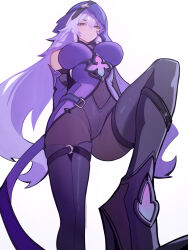 Rule 34 | 1girl, bare shoulders, black swan (honkai: star rail), breasts, commentary, covered navel, distr, dress, elbow gloves, gloves, highres, honkai: star rail, honkai (series), large breasts, long hair, pantyhose, purple dress, purple eyes, purple hair, purple pantyhose, simple background, solo, standing, thighhighs, veil, very long hair, white background