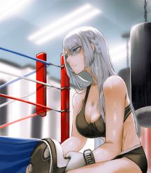 Rule 34 | 1girl, abs, ak-15 (girls&#039; frontline), black shorts, black sports bra, blurry, blurry background, boxing gloves, boxing ring, braid, breasts, collarbone, eyes visible through hair, french braid, girls&#039; frontline, greatspirite, gym, highres, large breasts, long hair, punching bag, purple eyes, shorts, silver hair, sports bra, sweat