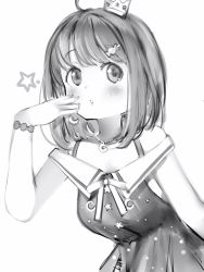 Rule 34 | 1girl, ahoge, bad id, bad pixiv id, bare shoulders, bob cut, bracelet, crescent, crescent necklace, crown, dress, greyscale, hair ornament, hairclip, hand up, highres, himemori luna, himemori luna (sundress), hololive, jewelry, looking at viewer, medium hair, mini crown, monochrome, nanashi (nlo), necklace, off-shoulder dress, off shoulder, parted lips, simple background, solo, virtual youtuber, white background