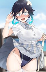 Rule 34 | 1girl, absurdres, alternate costume, bag, black hair, blue eyes, blue hair, blurry, blurry background, blush, body writing, bow, bowtie, braid, breasts, bright pupils, cameltoe, collared shirt, competition swimsuit, cowboy shot, day, depth of field, embarrassed, genderswap, genderswap (mtf), genshin impact, gradient hair, grey bow, grey bowtie, grey skirt, hair bow, handbag, highres, large breasts, looking down, miniskirt, multicolored hair, nose blush, one-piece swimsuit, open mouth, plaid, plaid skirt, pleated skirt, school uniform, shengtian, shirt, short hair, short sleeves, shoulder bag, skirt, solo, swimsuit, swimsuit under clothes, tally, thigh gap, thighhighs, translation request, twin braids, upskirt, venti (genshin impact), white bow, white shirt, white thighhighs, wide-eyed