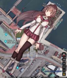 Rule 34 | 1girl, asymmetrical legwear, black thighhighs, blush, breasts, brown eyes, brown hair, closed mouth, collage background, collar, detached sleeves, from above, giant, giantess, google maps, hair intakes, headgear, kantai collection, large breasts, long hair, looking at viewer, lying, metal collar, miniskirt, on back, photo background, pleated skirt, ponytail, red skirt, single thighhigh, size difference, sketch, skirt, smile, socks, solo, thighhighs, uneven legwear, utopia, yamato (kancolle)