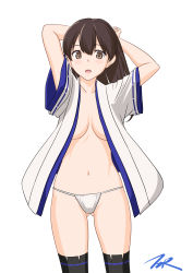 Rule 34 | 1girl, alternate hairstyle, arms behind head, black thighhighs, breasts, brown eyes, brown hair, cowboy shot, fundoshi, gluteal fold, hair down, highres, japanese clothes, kaga (kancolle), kaga kai ni (kancolle), kantai collection, long hair, looking at viewer, medium breasts, open clothes, panties, simple background, skirt, solo, t2r, thighhighs, underwear, white background, white panties