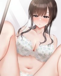 Rule 34 | 1girl, bare shoulders, bra, breasts, brown eyes, brown hair, cleavage, collarbone, floral print, highres, kayanomomo, knees up, large breasts, lingerie, long hair, looking away, looking down, low ponytail, mirror, mole, mole under mouth, navel, original, parted lips, print bra, reflection, sitting, solo, underwear, underwear only, white bra