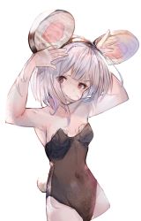 Rule 34 | 1girl, animal, animal ears, arms up, bare arms, bare shoulders, black hairband, black leotard, blush, breast padding, breasts, brown eyes, closed mouth, collarbone, commentary request, covered navel, cropped legs, granblue fantasy, groin, hairband, highres, leotard, looking at viewer, mouse (animal), mouse ears, rabbit pose, rabbit tail, simple background, small breasts, solo, tail, tota (sizukurubiks), vikala (granblue fantasy), white background, white hair
