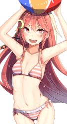 Rule 34 | &gt;:d, 10s, 1girl, :d, ball, beachball, bikini, collarbone, crescent, crescent hair ornament, hair ornament, highres, holding, holding ball, kantai collection, long hair, navel, open mouth, pink eyes, pink hair, plan (planhaplalan), simple background, smile, solo, stomach, striped bikini, striped clothes, swimsuit, teeth, uzuki (kancolle), v-shaped eyebrows, very long hair, wet, white background