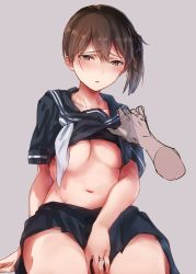 Rule 34 | 1girl, alternate costume, blush, breasts, brown eyes, brown hair, cleavage, clothes lift, grey background, hair between eyes, jewelry, kaga (kancolle), kansho (stm 735), kantai collection, large breasts, lifting another&#039;s clothes, navel, neckerchief, ponytail, ring, sailor collar, school uniform, serafuku, shirt lift, short sleeves, side ponytail, simple background, skirt, solo focus, white neckerchief