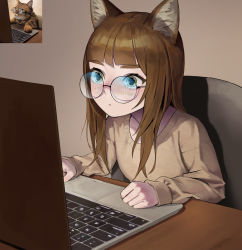 Rule 34 | 1girl, animal ear fluff, animal ears, blunt bangs, brown hair, cat ears, commentary, computer, derivative work, dongho kang, english commentary, glasses, highres, indoors, laptop, long hair, long sleeves, looking at screen, meme, open mouth, original, photo-referenced, photo (medium), photo inset, real life, reference inset, round eyewear, sitting, solo, sweater
