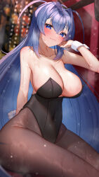 Rule 34 | 1girl, absurdres, ahoge, arm up, armpits, azur lane, bare shoulders, blue eyes, blue hair, blurry, blurry background, blush, breasts, cleavage, collarbone, covered navel, detached collar, eyelashes, hand on own face, highres, large breasts, leotard, looking at viewer, new jersey (azur lane), new jersey (exhilarating steps!) (azur lane), pantyhose, playboy bunny, seele0907, sidelocks, sitting, smile, solo, sparkle, sweat, thick thighs, thighs, wet, wet hair, wrist cuffs