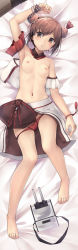 Rule 34 | 1girl, arm up, bare legs, bare shoulders, barefoot, blush, breasts, brown eyes, brown hair, cannon, choker, collarbone, dakimakura (medium), full body, highres, kantai collection, kochipu, looking at viewer, lying, navel, nipples, on back, panties, panty pull, parted lips, red panties, short hair, skirt, small breasts, solo, topless, turret, underwear, yukikaze (kancolle)