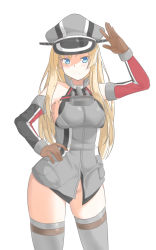 Rule 34 | 10s, 1girl, anchor hair ornament, arm up, armor, armpit peek, bad id, bad pixiv id, bare shoulders, bismarck (kancolle), blonde hair, blue eyes, breastplate, brown gloves, closed mouth, collarbone, detached sleeves, gloves, grey hat, grey thighhighs, hair ornament, halterneck, hand on own hip, hat, highres, kantai collection, legs apart, light smile, long hair, looking at viewer, military, military hat, military uniform, peaked cap, sidelocks, simple background, skindentation, solo, standing, thighhighs, tiasis, uniform, white background