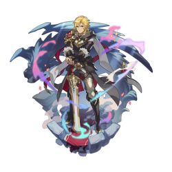Rule 34 | armored boots, audric, blonde hair, blue eyes, boots, cape, dragalia lost, fingerless gloves, full body, gloves, greatsword, looking at viewer, medium hair, non-web source, official art, saitou naoki, solo, sword, transparent background, waist cape, weapon