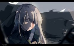 Rule 34 | 1girl, absurdres, artist name, black hairband, blood, blood on face, closed eyes, closed mouth, day, gar32, girls&#039; frontline, green jacket, grey hair, hair between eyes, hairband, highres, jacket, letterboxed, light, light smile, long hair, outdoors, smile, solo, ump40 (girls&#039; frontline), upper body