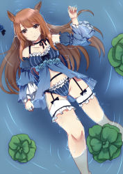 Rule 34 | 1girl, animal ears, bare shoulders, brown eyes, brown hair, choker, collarbone, detached sleeves, expressionless, garter belt, garter straps, gluteal fold, lily pad, long hair, mx, navel, original, partially submerged, solo, water