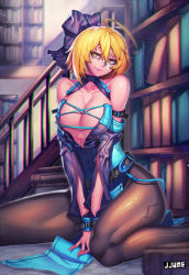Rule 34 | 1girl, ahoge, bad id, bad pixiv id, bare shoulders, black pantyhose, blonde hair, blue dress, book, bookshelf, bow, breasts, detached sleeves, dress, glasses, hair bow, highres, jjune, large breasts, library, long sleeves, looking at viewer, no bra, original, pantyhose, pince-nez, revealing clothes, sitting, solo, thighs, v arms, wariza, yellow eyes