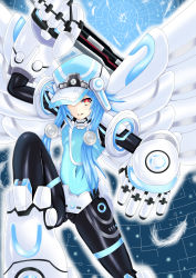 Rule 34 | 10s, 1girl, :d, absurdres, arm up, armor, blanc (neptunia), blue hair, bodysuit, boots, breasts, cabbie hat, covered navel, faulds, feathers, flat chest, foreshortening, gauntlets, gorget, greaves, grid, hair ornament, hat, hat over one eye, highres, holding, holding weapon, honke ganso, looking at viewer, magical girl, neptune (series), next white, open mouth, outline, pauldrons, power symbol, power symbol-shaped pupils, red eyes, shin jigen game neptune vii, short hair with long locks, shoulder armor, sidelocks, small breasts, smile, solo, symbol-shaped pupils, weapon, white heart (neptunia), wings