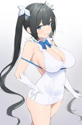Rule 34 | 1girl, ahoge, bare shoulders, black hair, blue eyes, blue ribbon, blush, bow, bowtie, breasts, cleavage, cleavage cutout, closed mouth, clothing cutout, commentary request, covered navel, cowboy shot, dress, dungeon ni deai wo motomeru no wa machigatteiru darou ka, gloves, hair ornament, hair ribbon, hand on own hip, hestia (danmachi), highres, large breasts, long hair, looking at viewer, miniskirt, nekoshoko, rei no himo, ribbon, sideboob, sigh, simple background, skindentation, skirt, sleeveless, sleeveless dress, smile, solo, standing, thighs, twintails, very long hair, white dress, white gloves