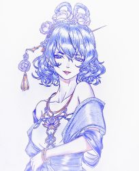 Rule 34 | 1girl, absurdres, bangle, bare shoulders, blue eyes, blue hair, blue sash, bracelet, chinese commentary, collarbone, commentary request, flower, grey background, grin, gyokudama (niku), hair between eyes, hair flower, hair ornament, hair rings, hair stick, highres, jewelry, kaku seiga, looking at viewer, necklace, obi, off shoulder, parted lips, purple flower, purple rose, rose, sash, short hair, simple background, smile, solo, strapless, touhou, upper body