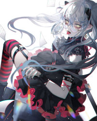 Rule 34 | 00zhuyin00, 1boy, absurdres, black dress, black nails, black thighhighs, chinese commentary, commentary request, cross-shaped pupils, crossdressing, dress, eyewear strap, fishnet gloves, fishnets, frilled dress, frills, garter straps, glasses, gloves, green eyes, highres, ike eveland, lolita fashion, looking at viewer, male focus, multicolored clothes, multicolored dress, nail polish, nijisanji, nijisanji en, pill on tongue, red dress, red thighhighs, round eyewear, solo, striped clothes, striped thighhighs, symbol-shaped pupils, thighhighs, tongue, tongue out, trap, twintails, virtual youtuber, white background