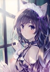 Rule 34 | 1girl, absurdres, animal ears, bare shoulders, black hair, blush, closed mouth, collar, comic aun, fingernails, hair ornament, hand up, highres, indoors, lips, looking at viewer, misaki kurehito, nipples, purple eyes, shiny skin, simple background, solo, upper body, window