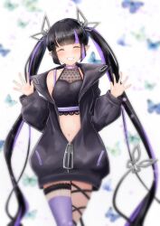 Rule 34 | 1girl, absurdres, black hair, black jacket, black ribbon, black shirt, blue butterfly, blunt bangs, blush, breasts, bug, butterfly, cleavage, closed eyes, commentary request, cowboy shot, crop top, demon girl, demon horns, demon tail, green butterfly, grin, heart, heart print, highres, horns, insect, jacket, kojo anna, kojo anna (1st costume), leg ribbon, long hair, long sleeves, medium breasts, midriff, multicolored hair, nanashi inc., navel, off shoulder, open clothes, open jacket, pointy ears, print shirt, purple hair, purple thighhighs, ribbon, robou no stone, see-through, see-through cleavage, see-through shirt, shirt, single thighhigh, sleeveless, sleeveless shirt, smile, solo, tail, thigh strap, thighhighs, twintails, two-tone hair, very long hair, virtual youtuber, white background, zipper
