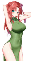 Rule 34 | 1girl, aqua eyes, artist name, blush, braid, breasts, china dress, chinese clothes, closed mouth, covered navel, cowboy shot, dress, green dress, groin, hands in hair, highres, hong meiling, large breasts, long hair, no panties, red hair, shinonome asu, signature, simple background, smile, solo, tongue, tongue out, touhou, twin braids, white background