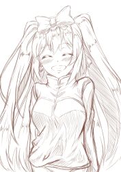 Rule 34 | 1girl, blush, bow, closed eyes, commentary request, earrings, facing viewer, hair bow, hakuyan8989, heart, heart earrings, highres, jacket, jewelry, long hair, monochrome, official alternate costume, out of frame, sketch, smile, solo, suijingiri kanemitsu, teeth, tenka hyakken, track jacket, twintails, white background