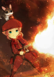 Rule 34 | ascot, beret, blue eyes, boots, closed mouth, commentary, commission, embers, english commentary, final fantasy, final fantasy xiv, flamethrower, gun, hat, holding, holding gun, holding weapon, jacket, knee boots, lalafell, long sleeves, lutherniel, pants, pink hair, pouch, red ascot, red footwear, red headwear, red jacket, red pants, red theme, short hair, smile, squirrel, standing, weapon