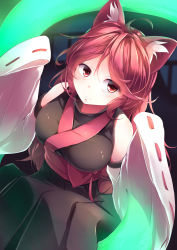 Rule 34 | 1girl, absurdres, ahoge, animal ear fluff, animal ears, bare shoulders, cat ears, commentary request, detached sleeves, highres, japanese clothes, kanzakietc, kemurikusa, light smile, long hair, looking at viewer, midori (kemurikusa), miko, red eyes, red hair, ribbon-trimmed sleeves, ribbon trim, ritsu (kemurikusa), solo, wide sleeves