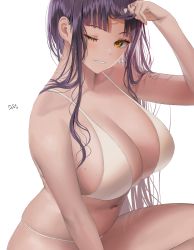 Rule 34 | 1girl, ;), absurdres, bad id, bad twitter id, bare shoulders, bikini, blunt bangs, blush, breasts, cleavage, collarbone, hair between eyes, halterneck, highres, large breasts, long hair, looking at viewer, mole, mole on breast, myabit, navel, one eye closed, original, parted lips, playing with own hair, purple hair, sidelocks, simple background, sitting, smile, solo, stomach, swimsuit, thighs, white bikini