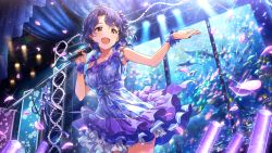 Rule 34 | 1girl, animal, antenna hair, aquarium, artist request, bare shoulders, blue hair, bow, breasts, brown eyes, collarbone, dress, earrings, fish, floral print, flower, frills, hair bow, idolmaster, idolmaster million live!, idolmaster million live! theater days, jewelry, lights, microphone, music, official art, open mouth, petals, short hair, singing, smile, solo, stage, toyokawa fuka, water, wavy hair, wrist cuffs