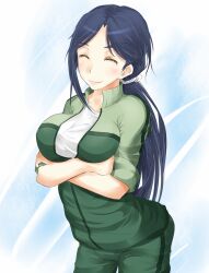 Rule 34 | 1girl, arms under breasts, black hair, blurry, blurry background, blush, breasts, closed eyes, closed mouth, commentary request, cowboy shot, crossed arms, green jacket, green pants, jacket, large breasts, long hair, monochrome background, pants, ponytail, shin (highest1192), shirt, smile, solo, tied sleeves, toaru majutsu no index, track jacket, track pants, track suit, turtleneck, turtleneck jacket, very long hair, white shirt, yomikawa aiho