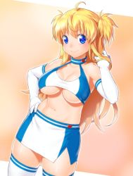Rule 34 | 1girl, ahoge, bare shoulders, blonde hair, blue choker, blue eyes, blush, borrowed character, breasts, choker, closed mouth, cowboy shot, elbow gloves, gloves, hand on own hip, hand up, highres, large breasts, long hair, looking at viewer, midriff, navel, onsoku inu, orange background, pencil skirt, skirt, smile, solo, standing, stomach, thighhighs, two side up, underboob, white gloves, white thighhighs, zettai ryouiki