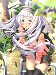 Rule 34 | 1girl, ahoge, autumn leaves, black skirt, black thighhighs, blush, bow, bowtie, clothes lift, day, floating hair, green bow, green bowtie, green eyes, hair between eyes, hair bow, highres, leaning forward, lens flare, long hair, long sleeves, looking at viewer, maronie., miniskirt, open mouth, original, outdoors, panties, pink sweater, plaid, plaid bow, pleated skirt, shiny clothes, silver hair, skirt, skirt lift, solo, standing, striped bow, striped bowtie, striped clothes, striped neckwear, sweater, thighhighs, twintails, underwear, very long hair, white panties, wind, wind lift