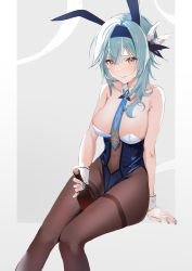 Rule 34 | 1girl, absurdres, alcohol, bare shoulders, between breasts, black pantyhose, blue hair, blush, bottle, breasts, chamaru5963, detached collar, embarrassed, eula (genshin impact), genshin impact, hairband, highres, holding, holding bottle, leotard, medium breasts, necktie, necktie between breasts, pantyhose, playboy bunny, sitting, yellow eyes