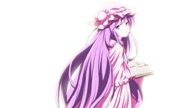 1girl book crescent crescent_hair_ornament female_focus hair_ornament hat holding holding_book kugi_(kugi-xiv) long_hair looking_back patchouli_knowledge purple_eyes purple_hair simple_background smile solo striped touhou very_long_hair white_background