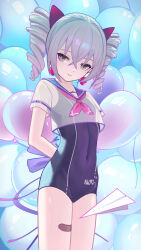 Rule 34 | 1girl, absurdres, ai dongdong, arms behind back, averting eyes, balloon, bandaid, bandaid on leg, black bow, black one-piece swimsuit, black sailor collar, bow, bronya zaychik, competition swimsuit, covered navel, cowboy shot, crossed bangs, drill hair, earrings, grey eyes, grey hair, hair between eyes, hair bow, highres, honkai (series), honkai impact 3rd, jewelry, legs together, long bangs, looking to the side, neckerchief, one-piece swimsuit, red neckerchief, sailor collar, school uniform, see-through, see-through shirt, serafuku, short sleeves, short twintails, sidelocks, solo, swimsuit, swimsuit under clothes, twin drills, twintails