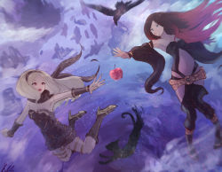 Rule 34 | 2girls, armpits, belt, bird, black hair, black hairband, black leotard, black scarf, blonde hair, blue eyes, breasts, cat, cleavage, clothing cutout, cloud, cloudy sky, crow (gravity daze), detached sleeves, dusty (gravity daze), floating, floating city, gold belt, gradient sky, gravity daze, hairband, high heels, highres, kia 01, kitten (gravity daze), leg warmers, legs up, leotard, long hair, multicolored hair, multiple girls, open mouth, outstretched arms, purple sky, reaching, reaching towards viewer, red eyes, red hair, scarf, signature, sky, smile, stomach cutout, sun tattoo, tan, tattoo, teeth, thigh cutout, tornado, two-tone hair, vambraces, very long hair, wide sleeves, xii (gravity daze)