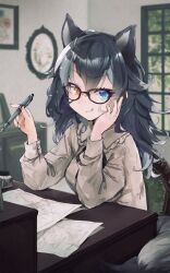 Rule 34 | 1girl, :p, alternate costume, animal ears, blue eyes, casual, collar, collared shirt, commentary, desk, drawing, extra ears, frilled collar, frilled sleeves, frills, glasses, grey hair, grey wolf (kemono friends), heterochromia, highres, kemono friends, long hair, long sleeves, multicolored hair, nanana (nanana iz), paper, pen, shirt, sitting, solo, tail, tongue, tongue out, two-tone hair, white shirt, wolf ears, wolf girl, wolf tail, yellow eyes