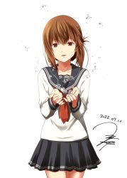 Rule 34 | 1girl, anchor symbol, black sailor collar, black skirt, brown eyes, brown hair, cowboy shot, dated, dog tags, folded ponytail, hair between eyes, highres, inazuma (kancolle), kantai collection, long hair, long sleeves, neckerchief, open mouth, pleated skirt, red neckerchief, sailor collar, school uniform, serafuku, signature, simple background, skirt, smile, solo, white background, yua (checkmate)