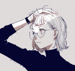 Rule 34 | 1girl, bad id, bad pixiv id, bracelet, closed mouth, commentary, female focus, glasses, greyscale, hand on own head, jewelry, katsuoboshi, long sleeves, monochrome, original, piercing hole, short hair, solo, sweater, turtleneck, turtleneck sweater, upper body