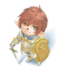 Rule 34 | 1boy, antenna hair, armor, adventurer (ff11), breastplate, brown eyes, brown hair, closed mouth, faulds, final fantasy, final fantasy xi, from above, gauntlets, gold trim, greaves, hair between eyes, highres, legs apart, looking up, male focus, paladin (final fantasy), planted, planted sword, planted weapon, pointy ears, sakutsuki, shadow, shield, short hair, simple background, smile, solo, standing, sword, tarutaru, weapon, white background