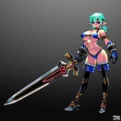 Rule 34 | 1girl, aqua hair, bikini, blue bikini, blue eyes, breasts, earrings, full body, gloves, gradient background, high heels, highres, holding, holding sword, holding weapon, huge weapon, jewelry, large breasts, mabius, navel, original, pixel art, pointy ears, simple background, solo, swimsuit, sword, thighhighs, weapon