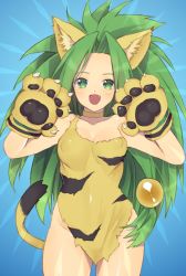 Rule 34 | 1girl, absurdres, animal ears, animal hands, animal print, breasts, cat ears, cat tail, cham cham, fang, gloves, green eyes, green hair, groin, highres, long hair, looking at viewer, murata tefu, open mouth, paw gloves, samurai spirits, smile, snk, solo, tail, tiger print