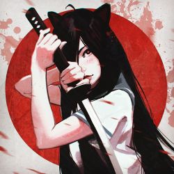 Rule 34 | 1girl, ahoge, animal ears, black hair, blood, blood on clothes, blush, cat ears, closed mouth, guweiz, head tilt, holding, holding sword, holding weapon, katana, lips, long hair, looking at viewer, original, red eyes, shirt, short sleeves, smile, solo, sword, unsheathed, very long hair, weapon, white shirt