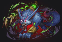 Rule 34 | 1boy, beast, black pants, blue fur, bracer, broken, claw (weapon), claws, fur, glowing, gradient background, grey fur, hella p, highres, league of legends, liquid, male focus, monster, open mouth, pants, pointy ears, red eyes, scratches, signature, smoke, solo, tail, teeth, tongue, torn clothes, tube, warwick, weapon