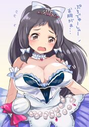 Rule 34 | 1girl, arm garter, bare shoulders, black hair, blush, bow, breasts, brown eyes, choker, cleavage, collarbone, dress, dress bow, flying sweatdrops, frilled dress, frills, gradient background, hair bow, hair ribbon, idolmaster, idolmaster cinderella girls, idolmaster cinderella girls starlight stage, jewelry, large breasts, long hair, looking at viewer, motion lines, necklace, ohnuma kurumi, open mouth, pearl necklace, red bow, ribbon, simple background, solo, starry sky bright (idolmaster), strapless, strapless dress, tears, tiara, toi (toiot), twintails, watch, wavy mouth, white choker, white dress, white ribbon