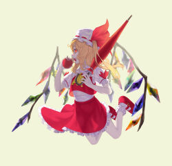 Rule 34 | 1girl, absurdres, apple, ascot, blonde hair, bow, bright pupils, commentary, crystal, crystal wings, fang, flandre scarlet, floating, food, frilled shirt collar, frilled skirt, frilled socks, frills, fruit, full body, hat, hat bow, highres, holding, holding food, holding fruit, holding umbrella, legs up, looking at viewer, looking to the side, mob cap, moguri (kxh5061), one side up, open mouth, pale skin, puffy short sleeves, puffy sleeves, red apple, red bow, red eyes, red footwear, red skirt, red umbrella, red vest, shirt, short hair, short sleeves, simple background, skirt, socks, touhou, umbrella, vest, white headwear, white pupils, white shirt, white socks, wings, yellow ascot, yellow background