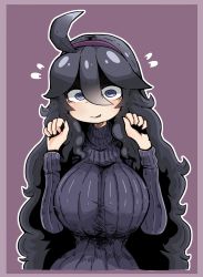 Rule 34 | 1girl, @ @, absurdres, ahoge, black hair, breasts, creatures (company), flying sweatdrops, game freak, headband, hex maniac (pokemon), highres, large breasts, long hair, long sleeves, looking at viewer, nintendo, npc trainer, pokemon, pokemon xy, purple eyes, simple background, smile, solo, sweater, tazonotanbo, turtleneck, turtleneck sweater, very long hair